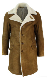 Casaco masculino 3/4 em pele de carneiro Sherling marrom claro, estilo vintage retrô, quente para o inverno.