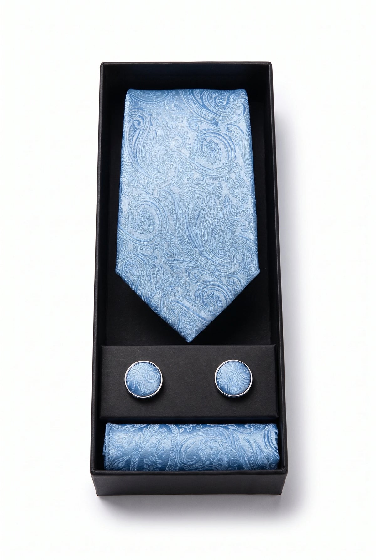 Conjunto de gravata masculina azul celeste com estampa paisley