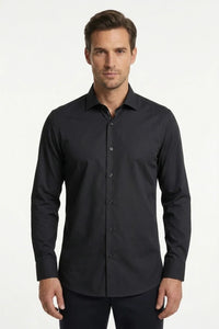 Camisa social masculina de manga comprida com botões e corte slim - Preta