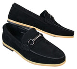 Sapatos masculinos de condução estilo mocassim com fivela e detalhe de bridão, estilo retrô, elegantes e casuais, em camurça.