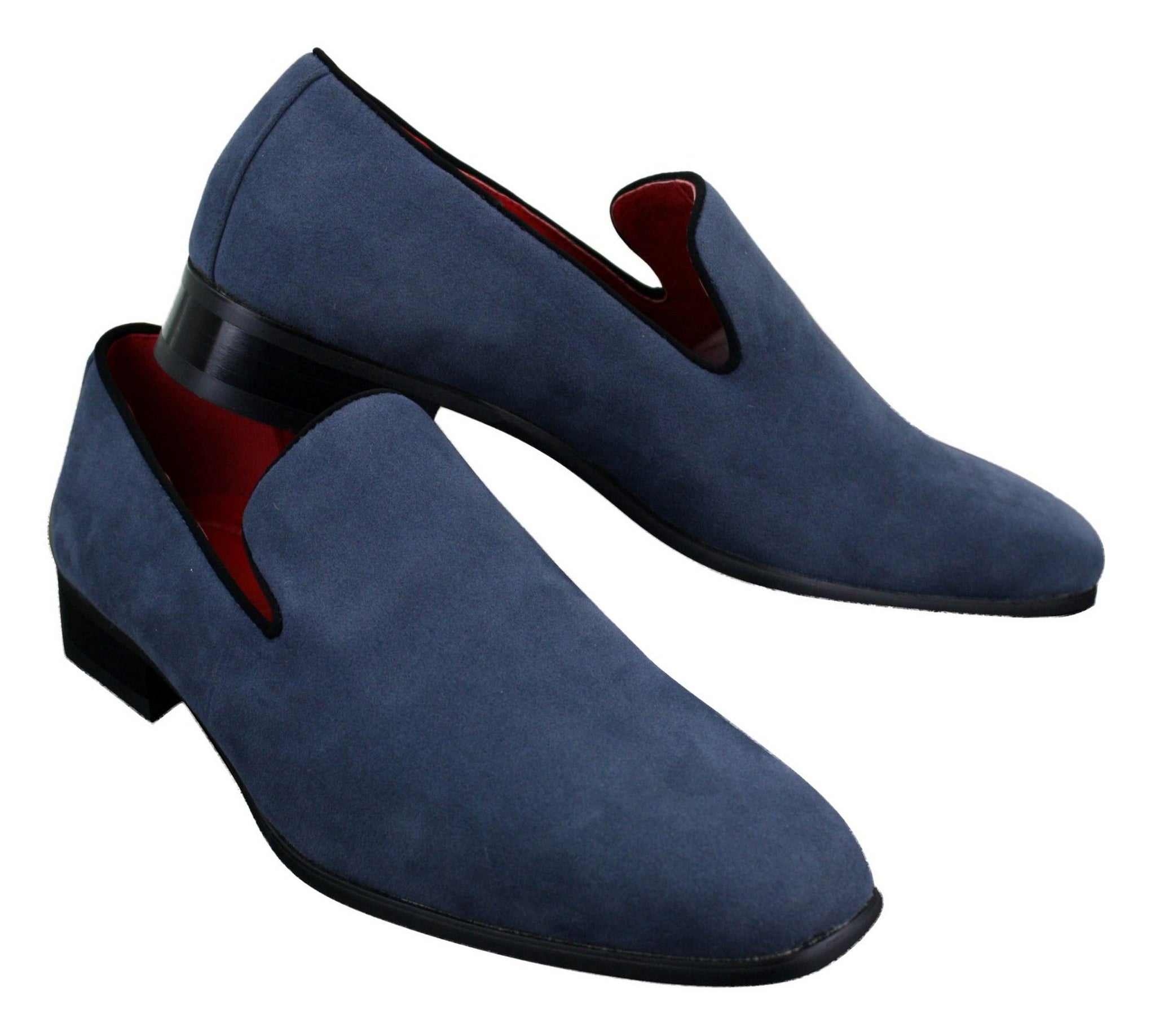Sapatos Mocassim Masculinos Slip On em Camurça, Couro, Estilo Casual Elegante, nas cores Vermelho, Azul e Preto.