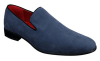 Sapatos Mocassim Masculinos Slip On em Camurça, Couro, Estilo Casual Elegante, nas cores Vermelho, Azul e Preto.
