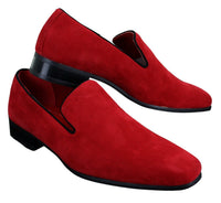 Sapatos Mocassim Masculinos Slip On em Camurça, Couro, Estilo Casual Elegante, nas cores Vermelho, Azul e Preto.