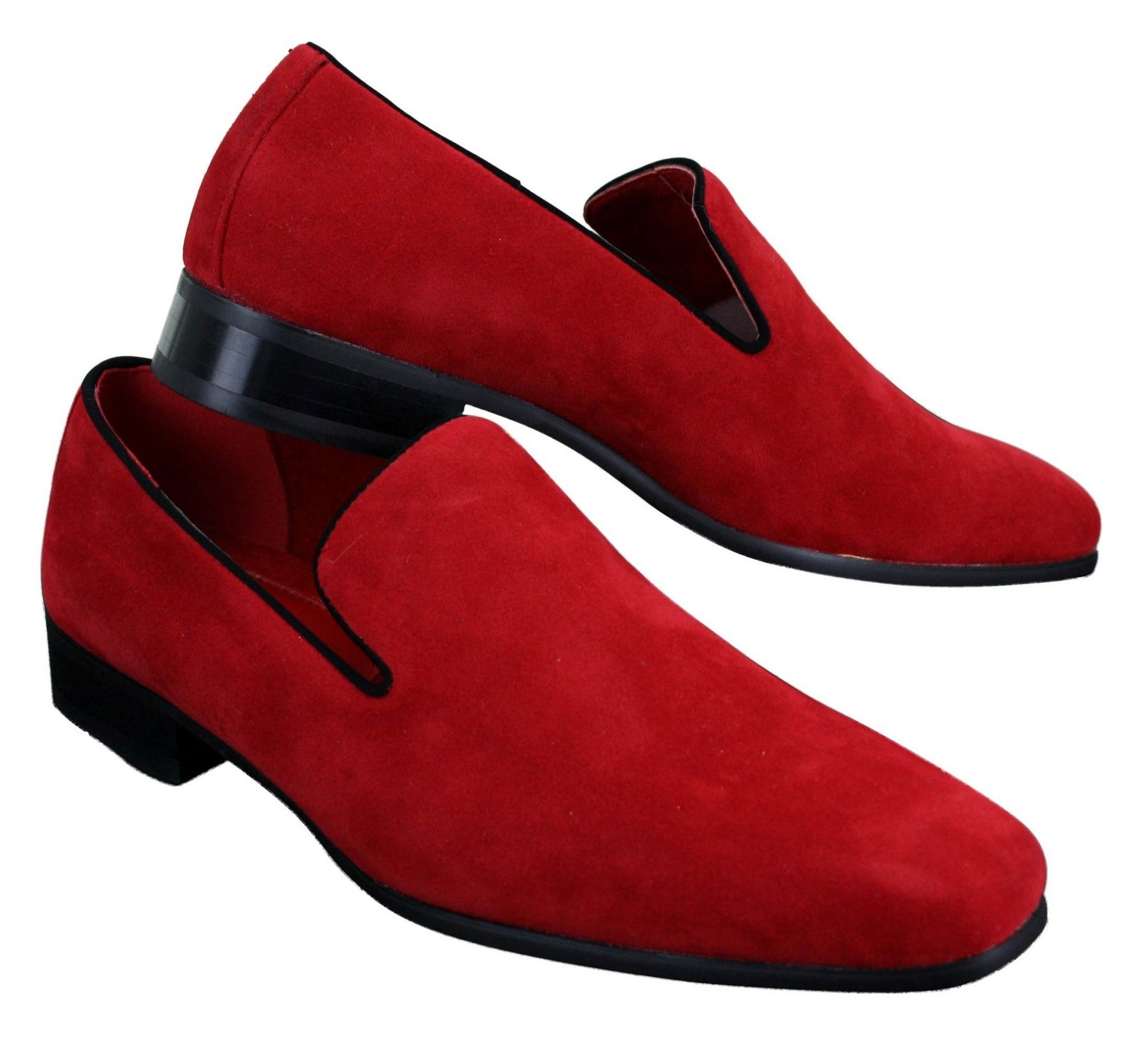 Sapatos Mocassim Masculinos Slip On em Camurça, Couro, Estilo Casual Elegante, nas cores Vermelho, Azul e Preto.