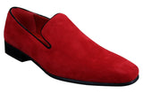 Sapatos Mocassim Masculinos Slip On em Camurça, Couro, Estilo Casual Elegante, nas cores Vermelho, Azul e Preto.