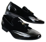 Patron 239-10 Mocassins Masculinos Slip On com Borla, em Couro Envernizado Preto Brilhante e Camurça PU