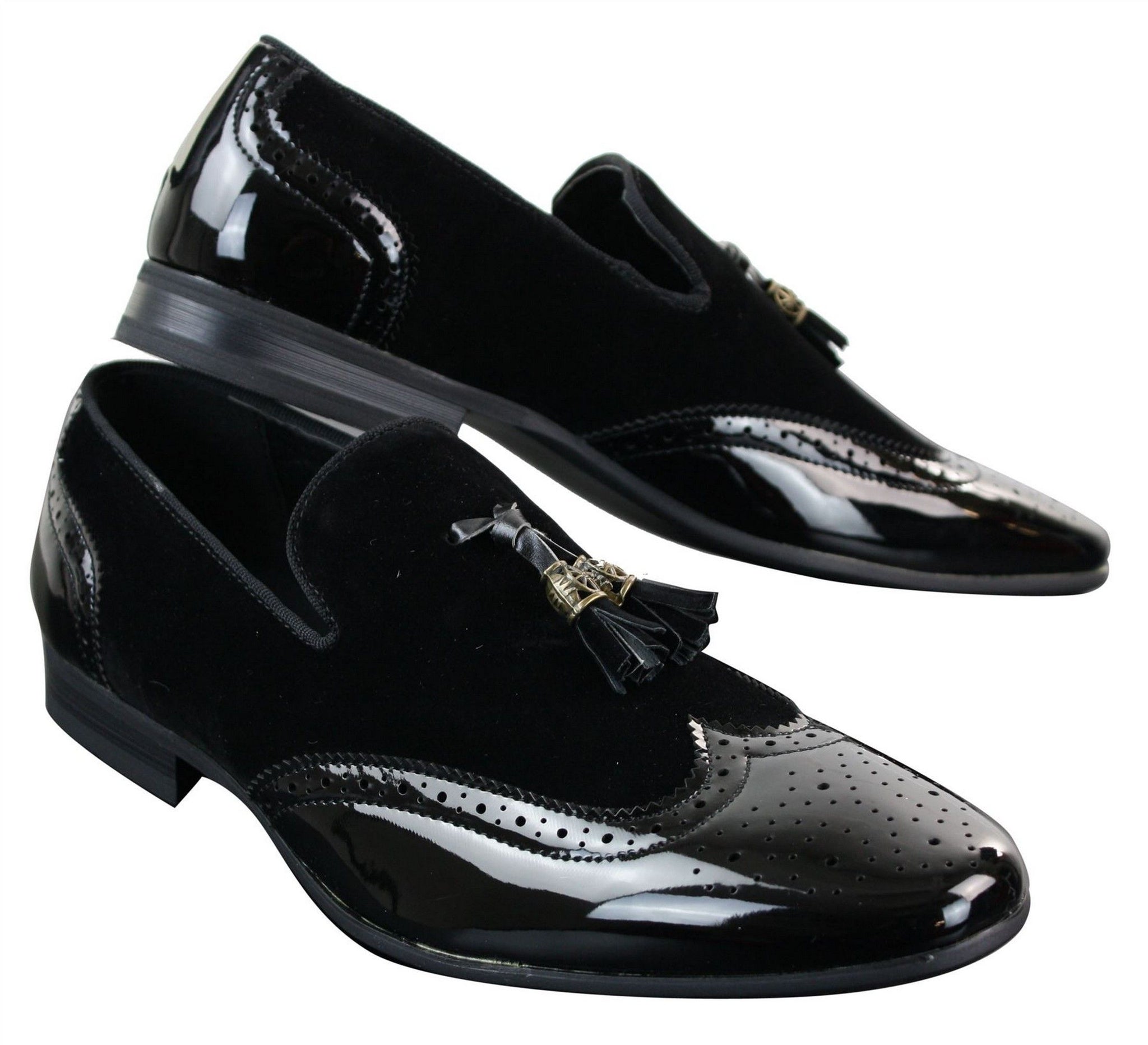 Patron 239-10 Mocassins Masculinos Slip On com Borla, em Couro Envernizado Preto Brilhante e Camurça PU