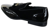 Patron 239-10 Mocassins Masculinos Slip On com Borla, em Couro Envernizado Preto Brilhante e Camurça PU