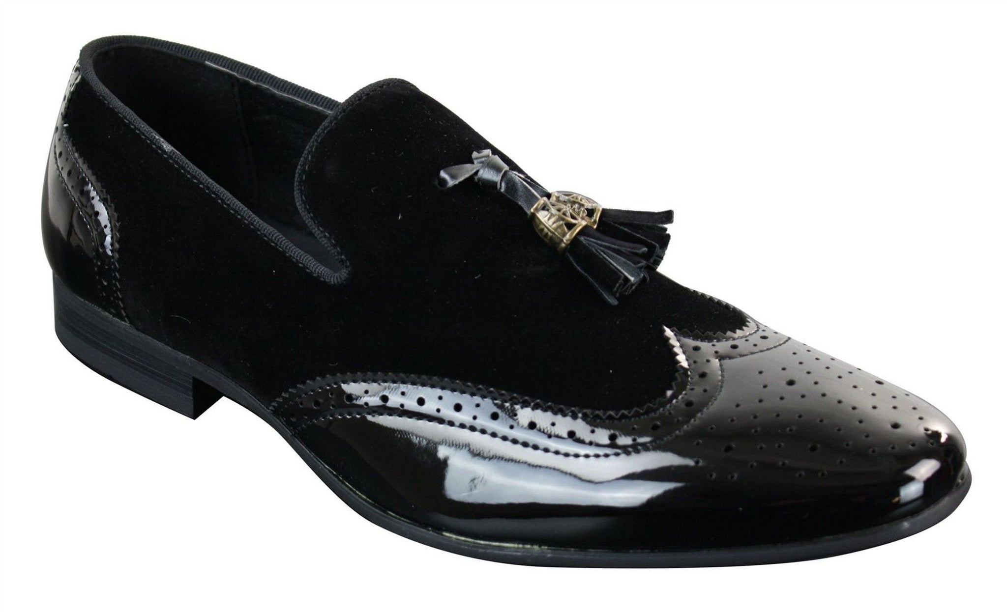 Patron 239-10 Mocassins Masculinos Slip On com Borla, em Couro Envernizado Preto Brilhante e Camurça PU