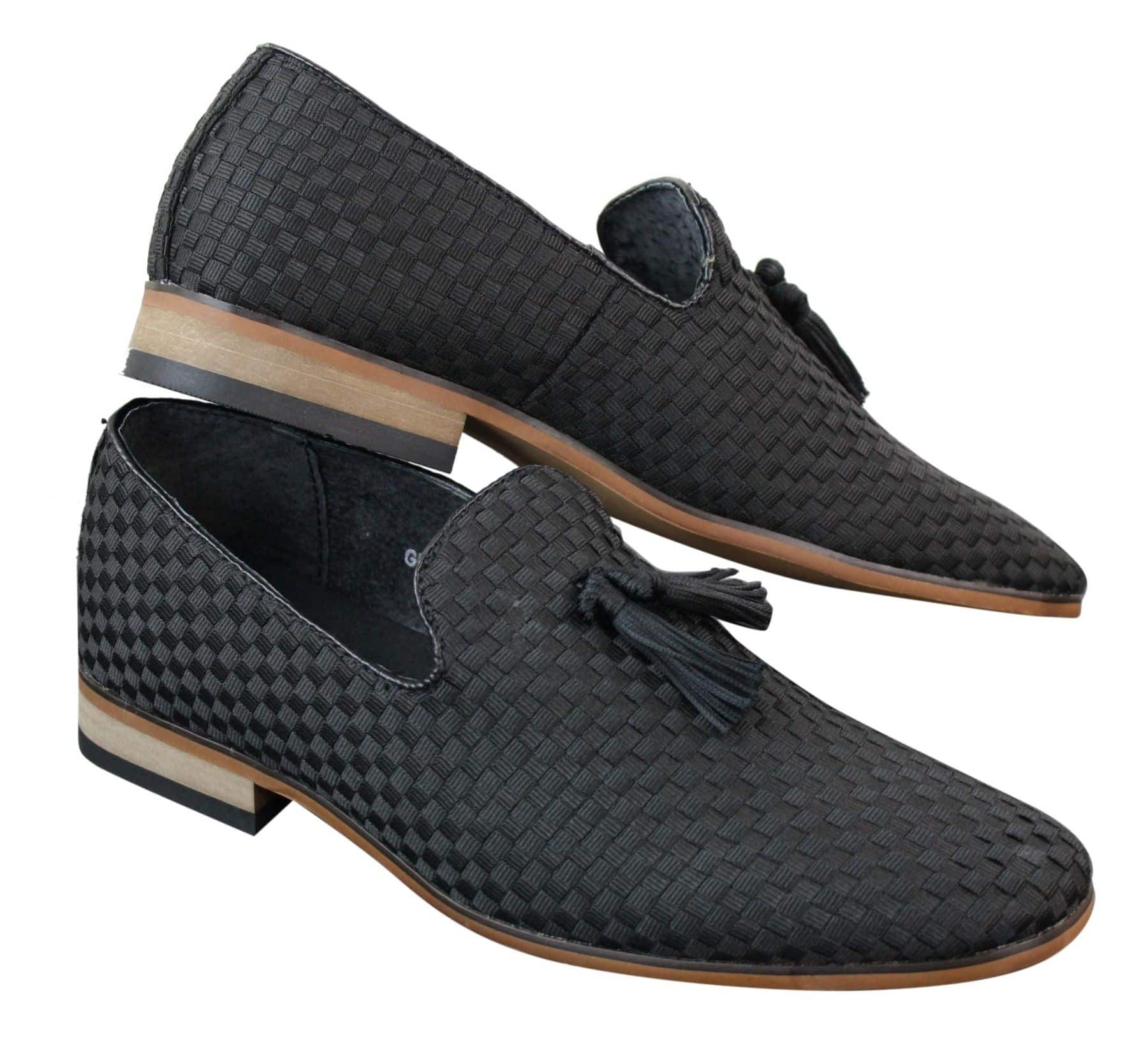 Sapatos de condução masculinos sem fecho com borlas, estilo casual elegante retrô, azul marinho, forro em couro preto.