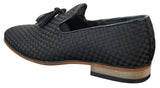 Sapatos de condução masculinos sem fecho com borlas, estilo casual elegante retrô, azul marinho, forro em couro preto.