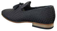 Sapatos de condução masculinos sem fecho com borlas, estilo casual elegante retrô, azul marinho, forro em couro preto.