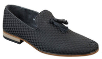 Sapatos de condução masculinos sem fecho com borlas, estilo casual elegante retrô, azul marinho, forro em couro preto.