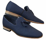 Sapatos de condução masculinos sem fecho com borlas, estilo casual elegante retrô, azul marinho, forro em couro preto.