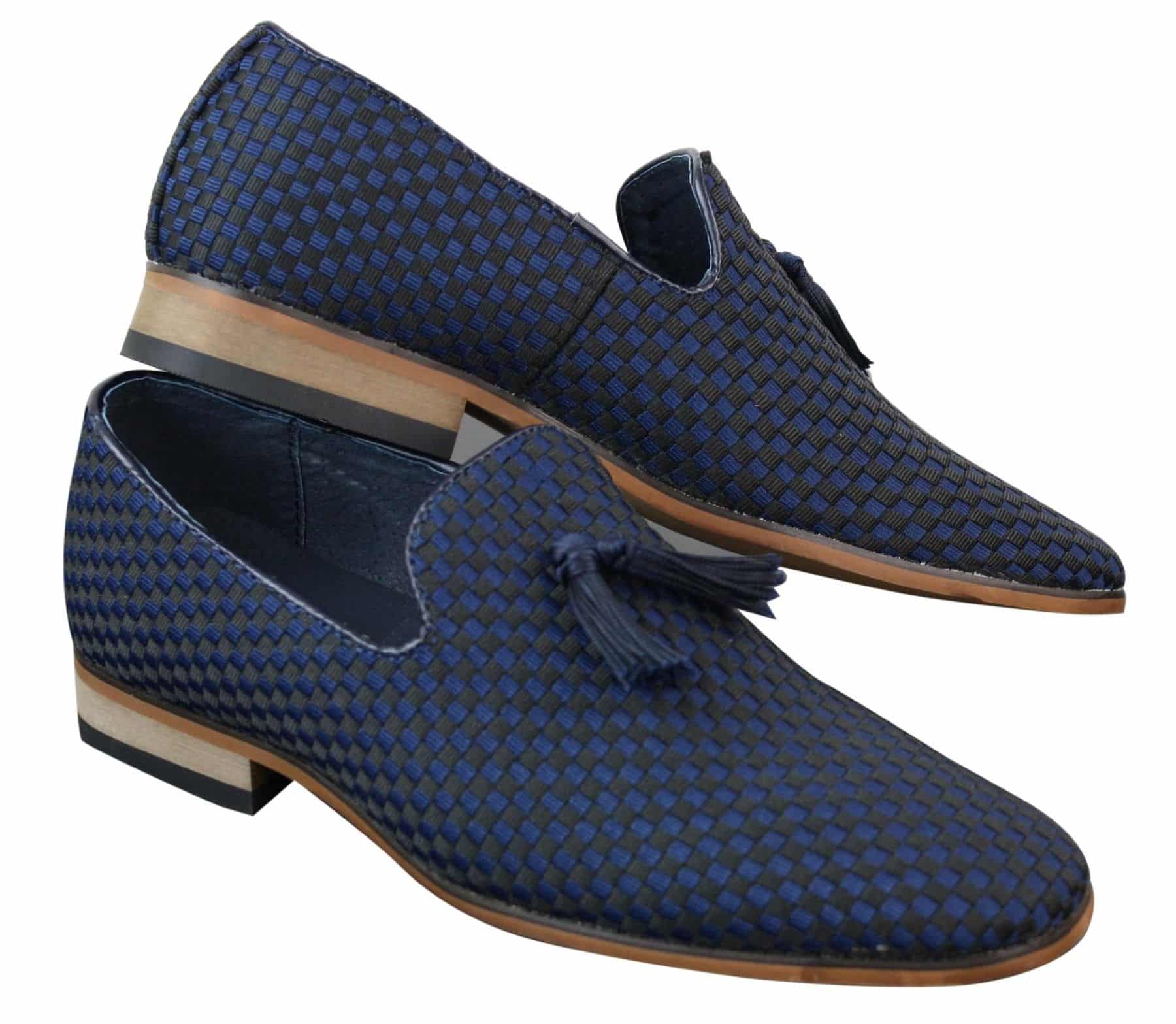 Sapatos de condução masculinos sem fecho com borlas, estilo casual elegante retrô, azul marinho, forro em couro preto.