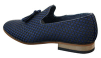 Sapatos de condução masculinos sem fecho com borlas, estilo casual elegante retrô, azul marinho, forro em couro preto.