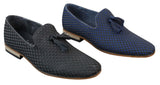 Sapatos de condução masculinos sem fecho com borlas, estilo casual elegante retrô, azul marinho, forro em couro preto.