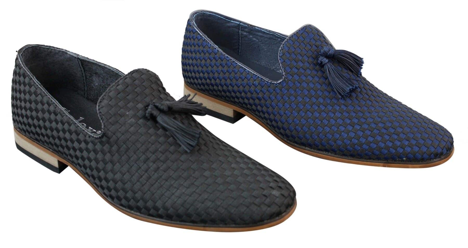 Sapatos de condução masculinos sem fecho com borlas, estilo casual elegante retrô, azul marinho, forro em couro preto.