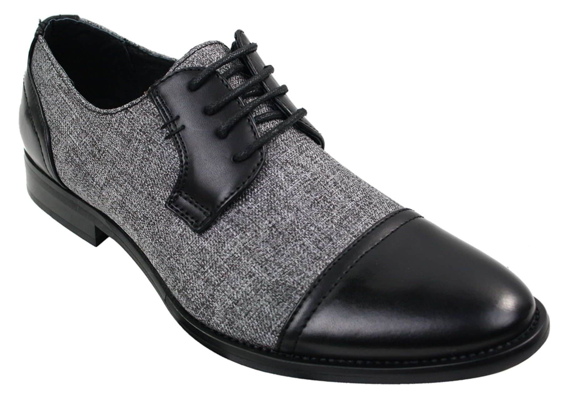 Sapatos masculinos casuais elegantes com cadarço em tweed e couro, estilo vintage retrô.