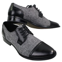 Sapatos masculinos casuais elegantes com cadarço em tweed e couro, estilo vintage retrô.