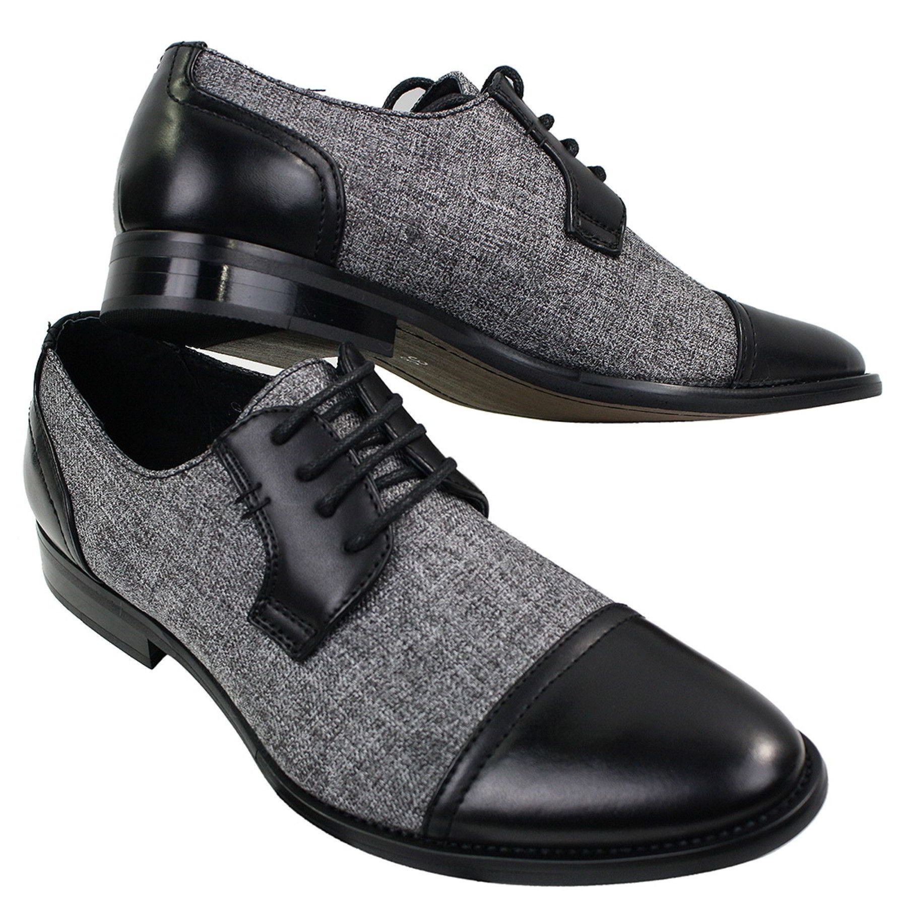 Sapatos masculinos casuais elegantes com cadarço em tweed e couro, estilo vintage retrô.
