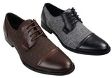 Sapatos masculinos casuais elegantes com cadarço em tweed e couro, estilo vintage retrô.