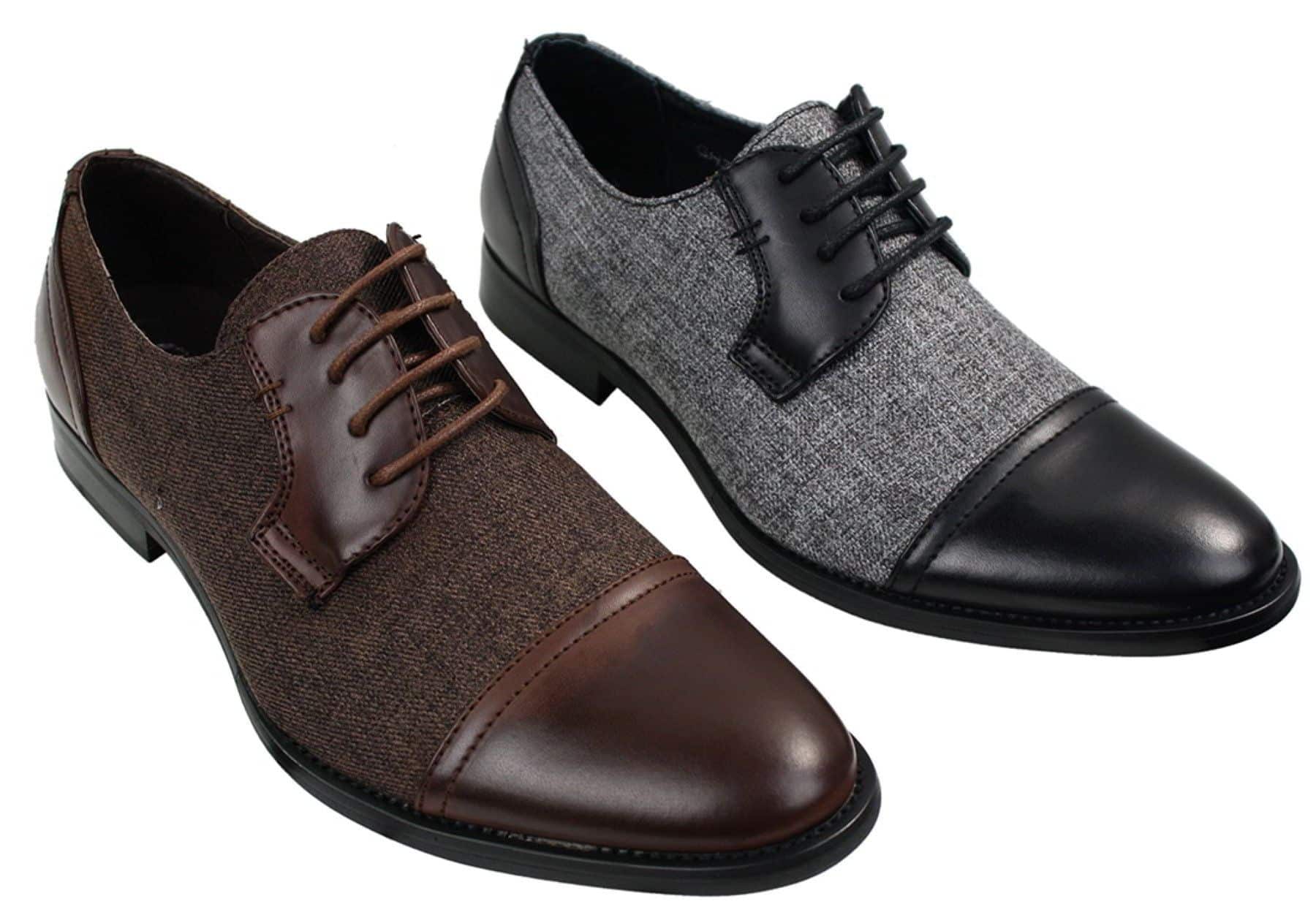 Sapatos masculinos casuais elegantes com cadarço em tweed e couro, estilo vintage retrô.