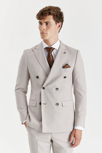 Blazer masculino de abotoamento duplo em padrão olho de pássaro na cor pedra.