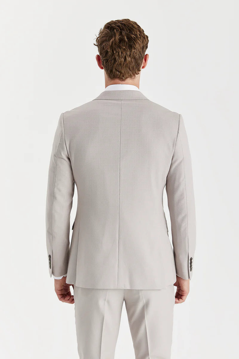 Blazer masculino de abotoamento duplo em padrão olho de pássaro na cor pedra.
