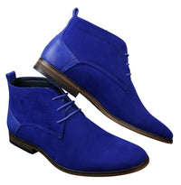 Botas masculinas de camurça estilo deserto, cano curto, nas cores vermelho, cinza, marrom e azul. Elegantes e casuais, em couro com cadarço.