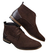 Botas masculinas de camurça estilo deserto, cano curto, nas cores vermelho, cinza, marrom e azul. Elegantes e casuais, em couro com cadarço.