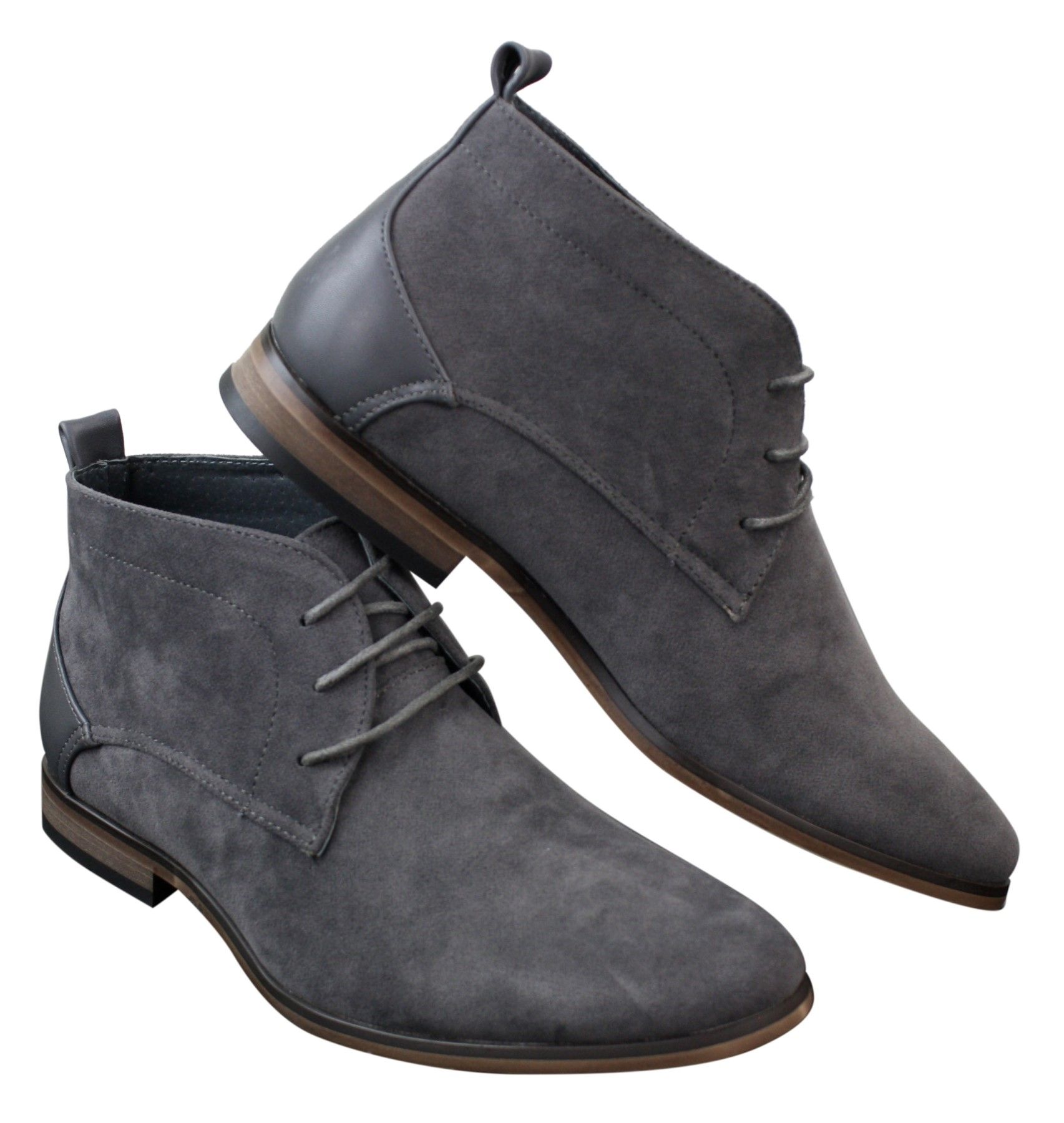Botas masculinas de camurça estilo deserto, cano curto, nas cores vermelho, cinza, marrom e azul. Elegantes e casuais, em couro com cadarço.
