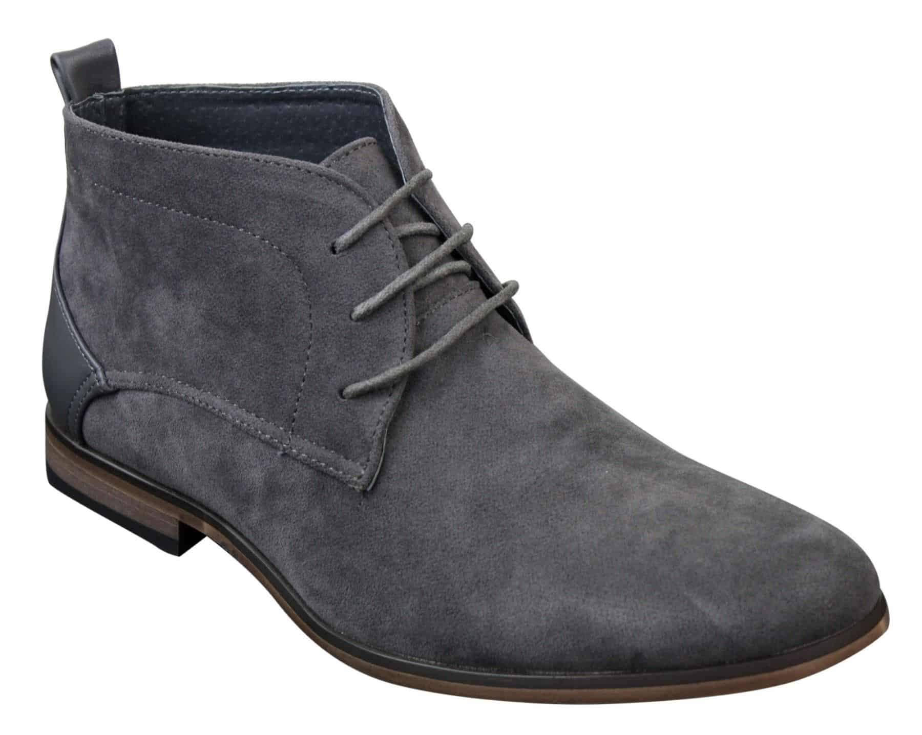 Botas masculinas de camurça estilo deserto, cano curto, nas cores vermelho, cinza, marrom e azul. Elegantes e casuais, em couro com cadarço.