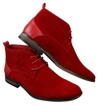 Botas masculinas de camurça estilo deserto, cano curto, nas cores vermelho, cinza, marrom e azul. Elegantes e casuais, em couro com cadarço.