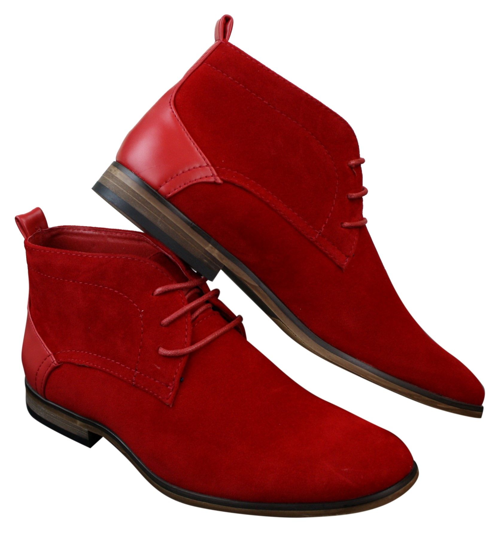 Botas masculinas de camurça estilo deserto, cano curto, nas cores vermelho, cinza, marrom e azul. Elegantes e casuais, em couro com cadarço.
