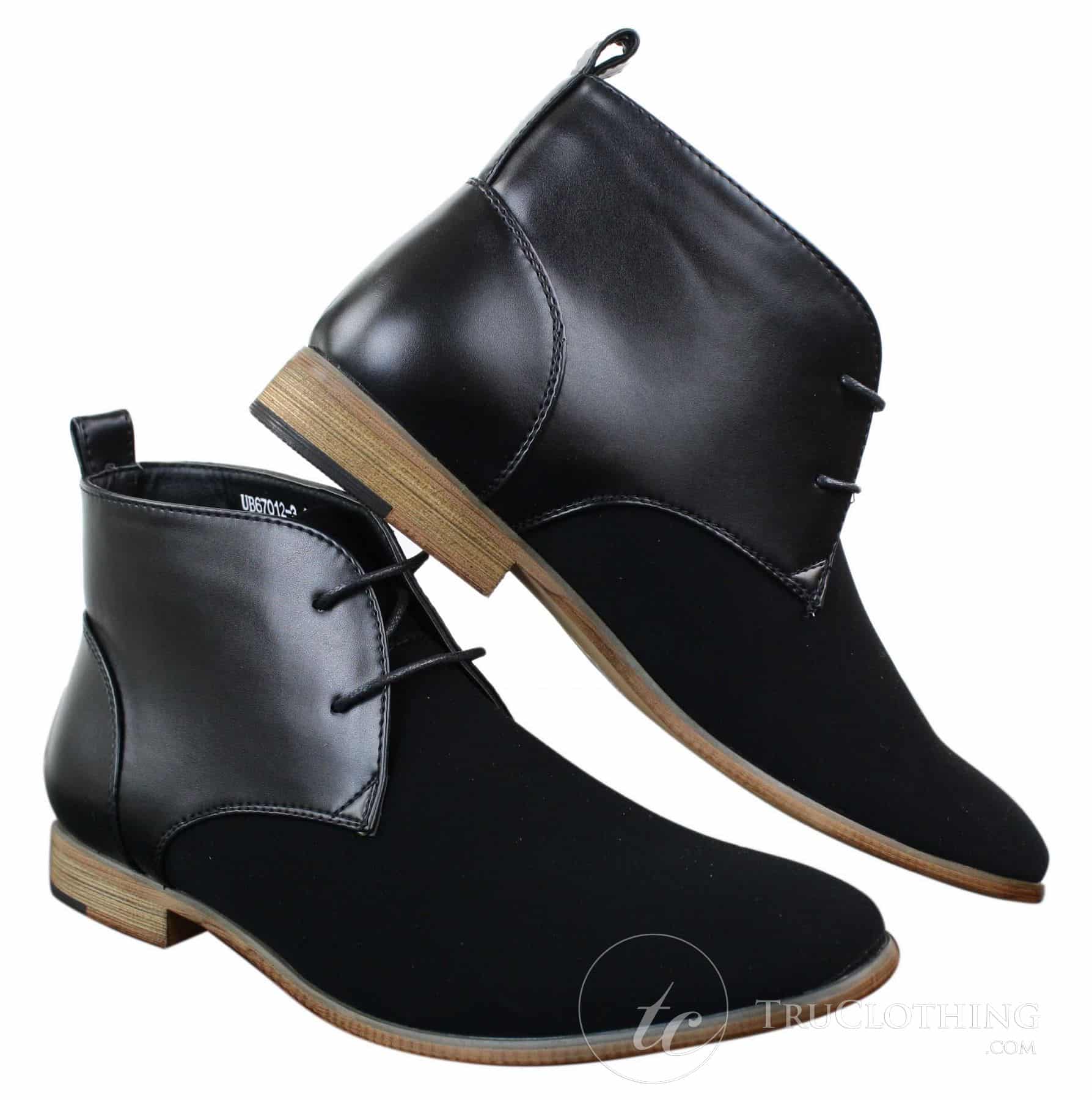 Botas Chelsea de cano curto masculinas em camurça preta com cadarço, estilo elegante e casual.