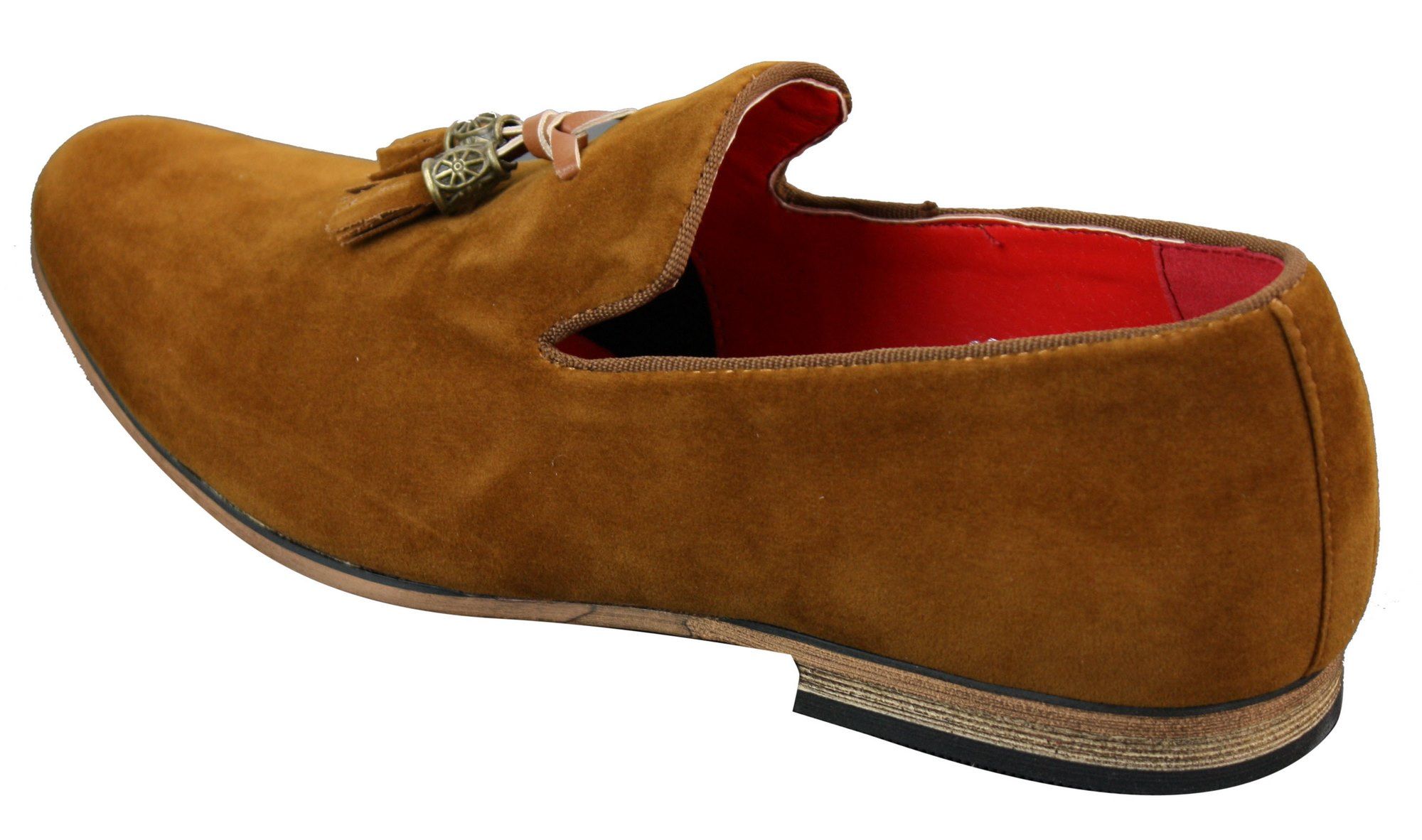 Mocassins masculinos de camurça e couro PU com detalhe de borla nas cores vermelho, cinza, azul, marrom e preto.
