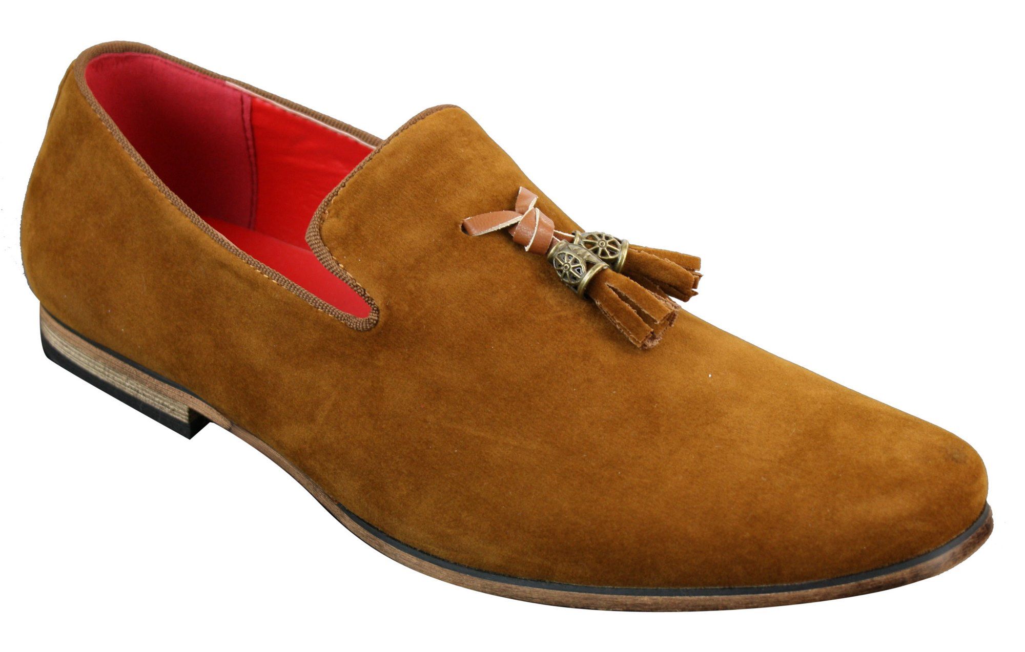 Mocassins masculinos de camurça e couro PU com detalhe de borla nas cores vermelho, cinza, azul, marrom e preto.