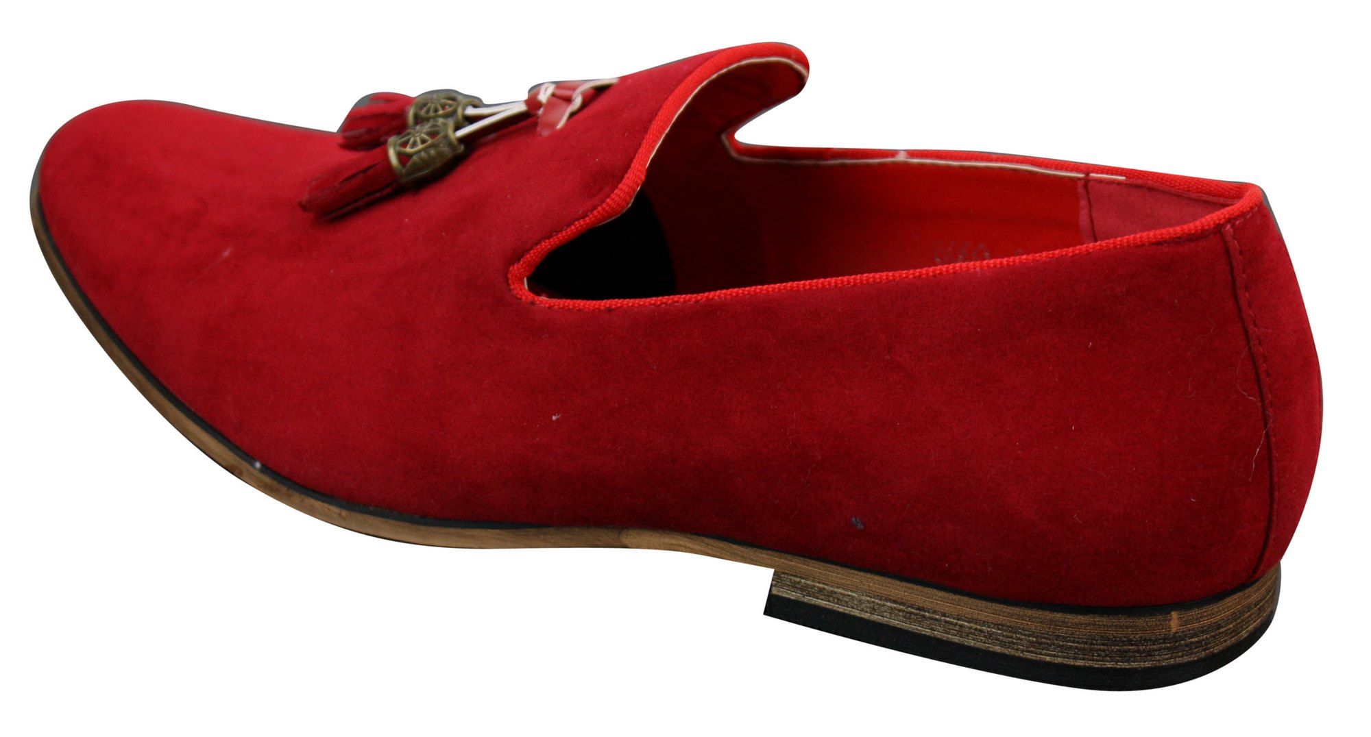 Mocassins masculinos de camurça e couro PU com detalhe de borla nas cores vermelho, cinza, azul, marrom e preto.