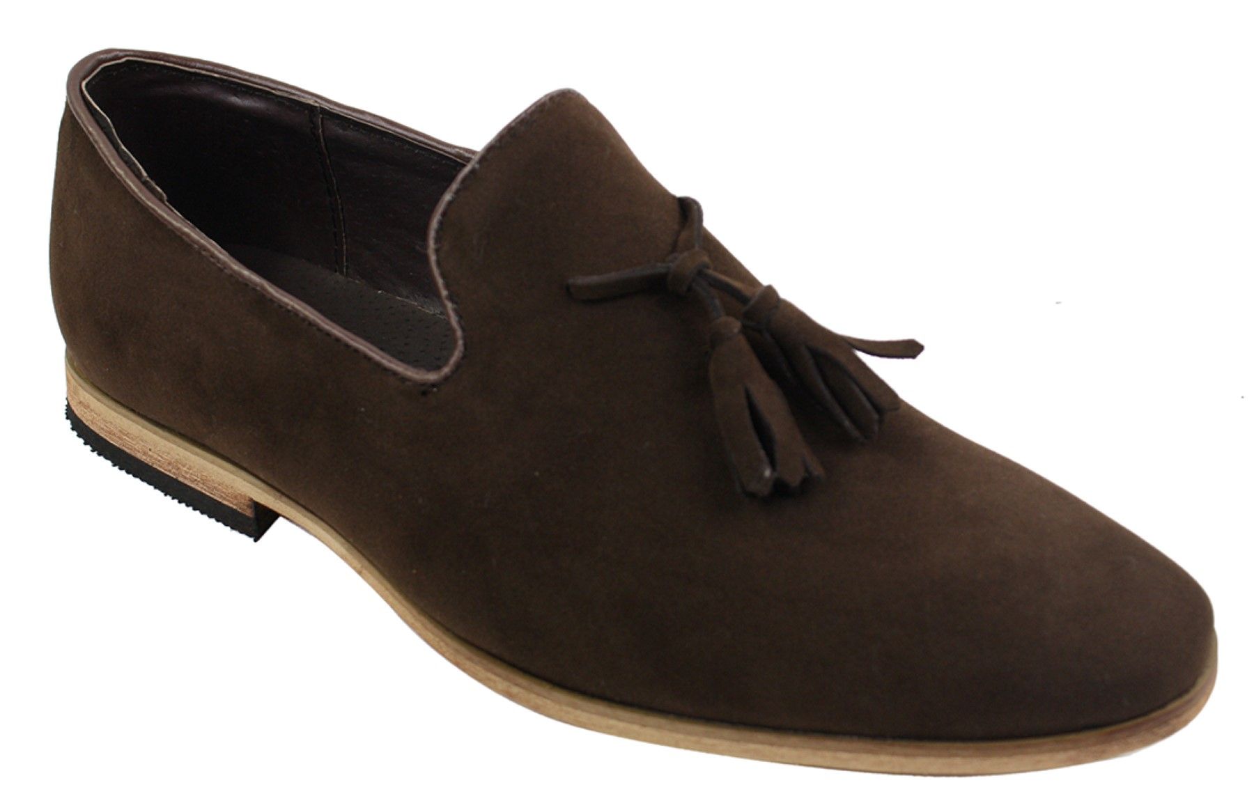 Mocassins masculinos de camurça, estilo mocassim, com detalhe de borla, forro de couro preto, confortáveis.
