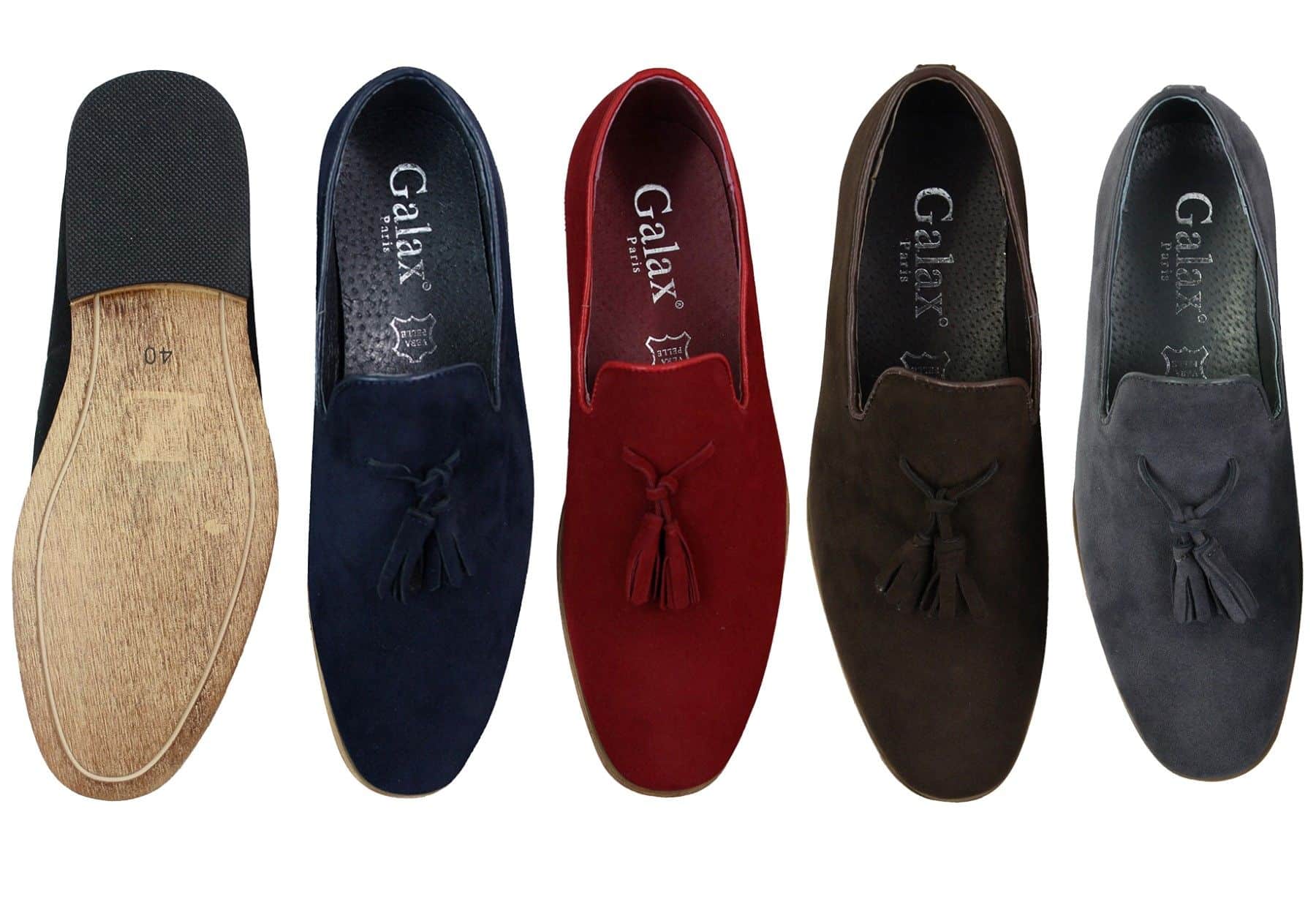 Mocassins masculinos de camurça, estilo mocassim, com detalhe de borla, forro de couro preto, confortáveis.