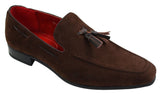 Mocassins masculinos de camurça, sapatos de condução, estilo slip-on, com detalhe de borla, em couro, elegantes e casuais.