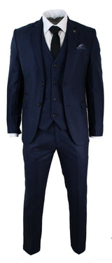 Terno masculino de três peças, azul e preto, corte sob medida, elegante e formal, ideal para casamentos e festas.