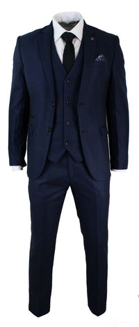 Terno masculino de três peças, azul e preto, corte sob medida, elegante e formal, ideal para casamentos e festas.