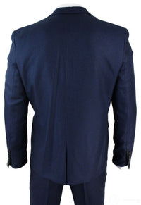 Terno masculino de três peças, azul e preto, corte sob medida, elegante e formal, ideal para casamentos e festas.
