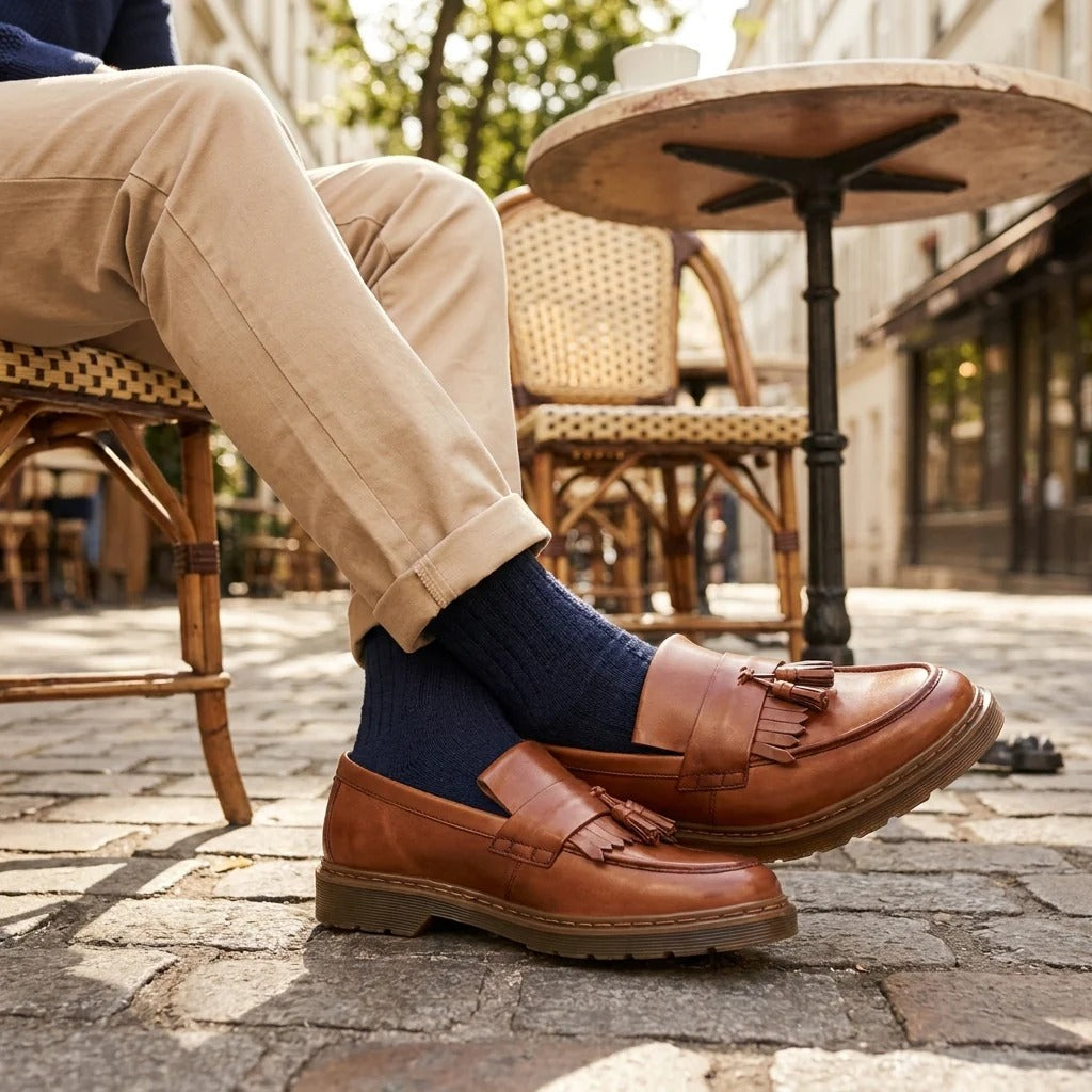 Sapatos Mocassim Masculinos em Couro Marrom Claro com Sola Grossa e Borla
