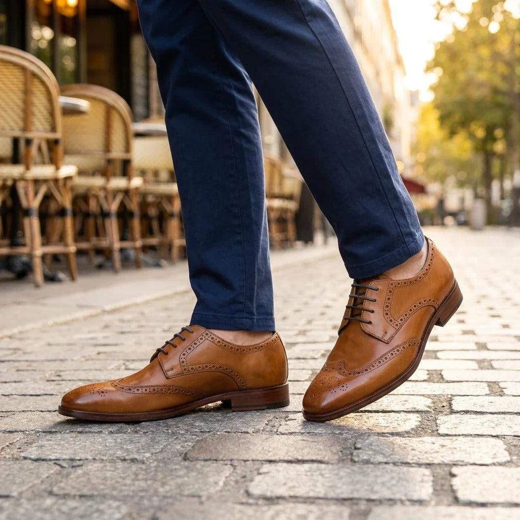 Sapatos Brogue masculinos clássicos de couro marrom claro com cadarço