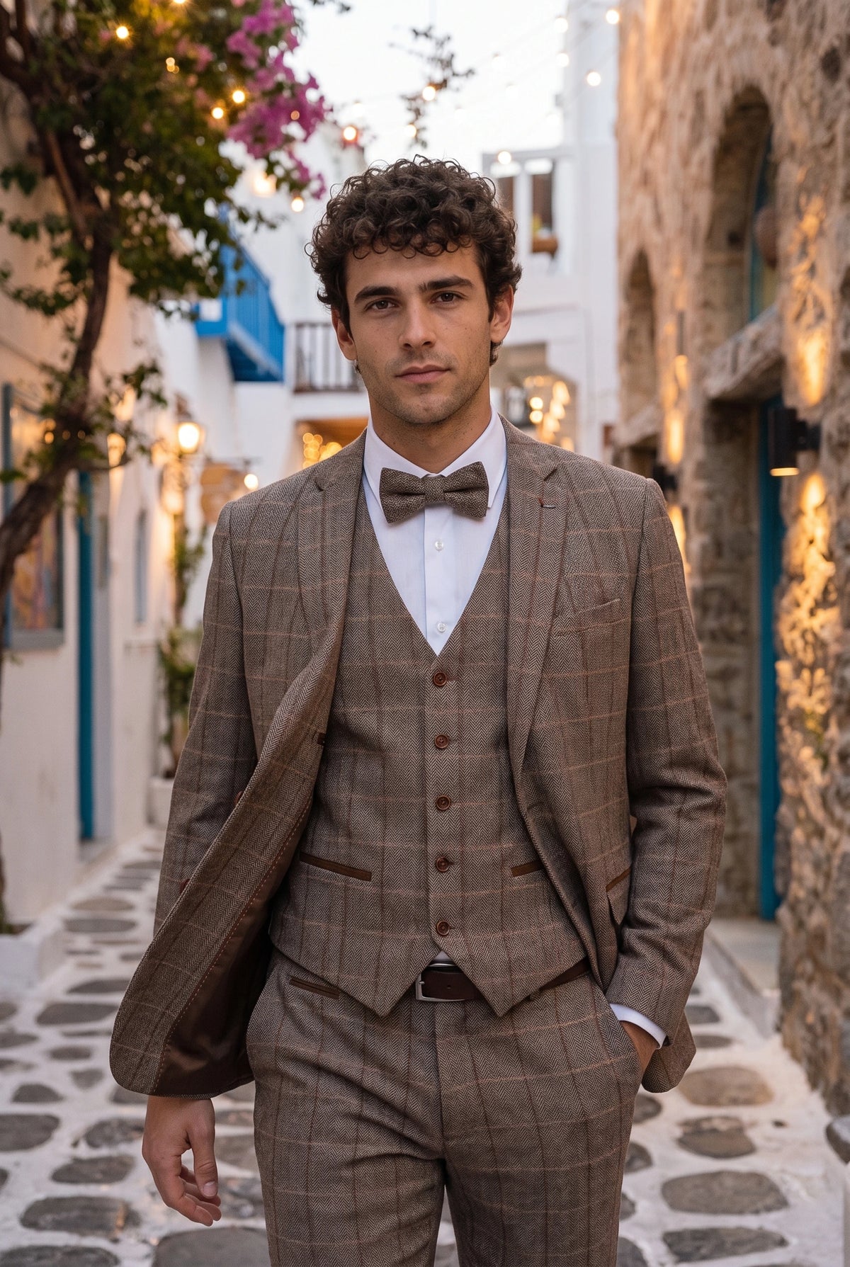 Gravata borboleta masculina em tweed bege