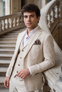 Lenço de bolso masculino em tweed bege, mistura de lã e tecido tweed.