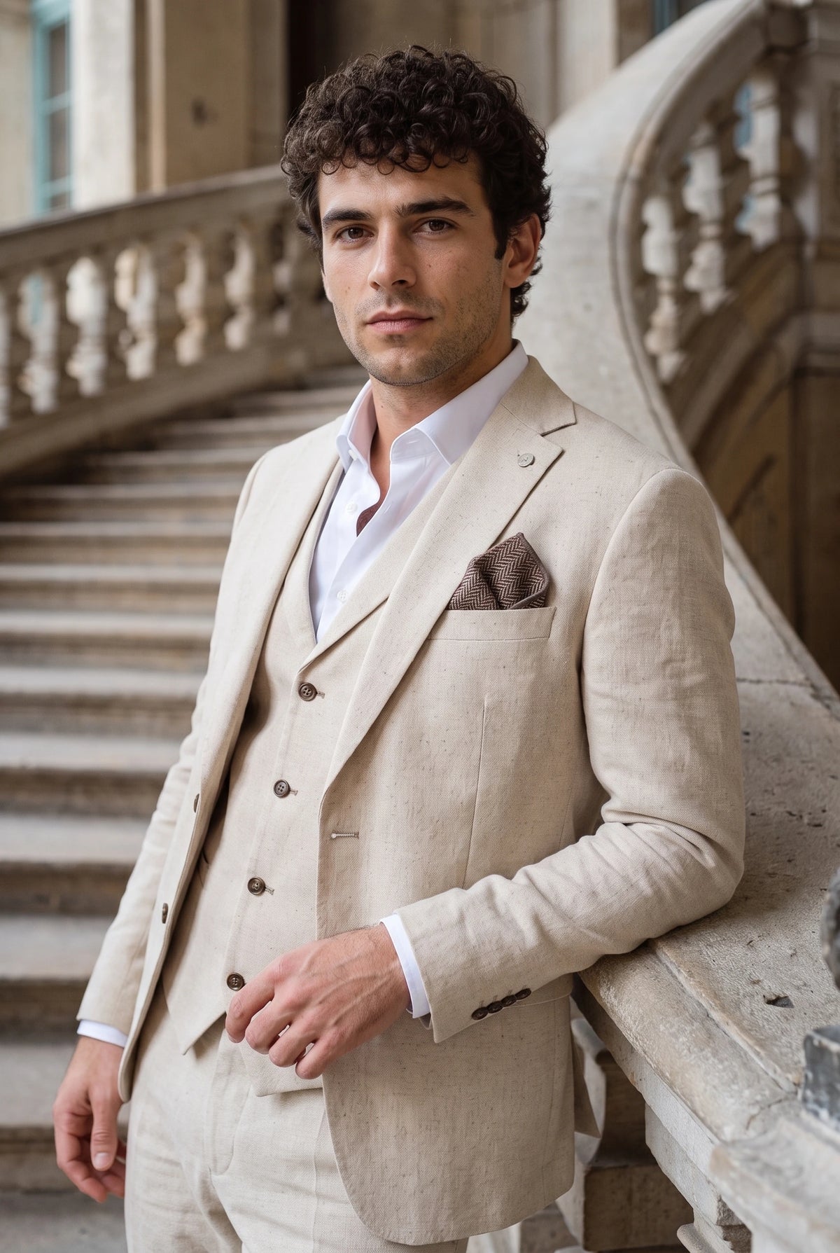 Lenço de bolso masculino em tweed bege, mistura de lã e tecido tweed.